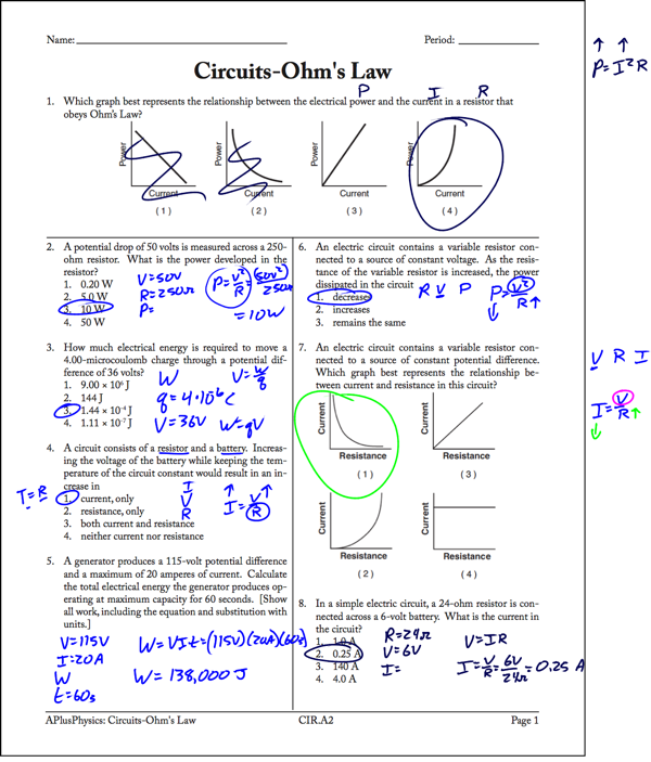 ohm's law worksheet regents physics answers
